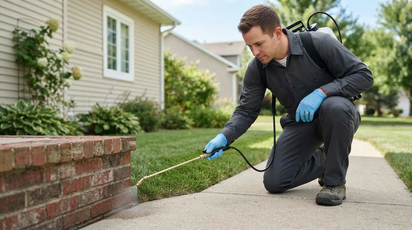 Pest control technician treating a home near Wilson, OK