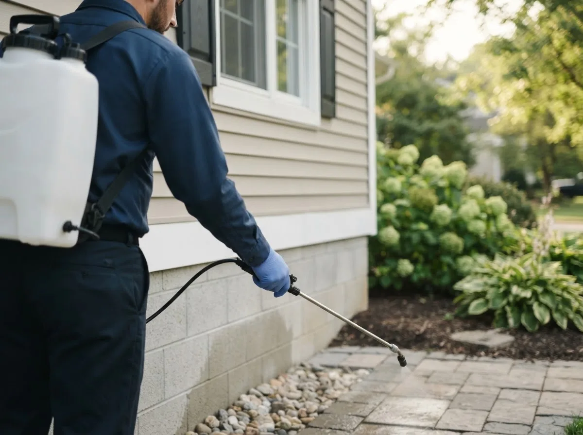 Pest control technician inspecting a home in Wilson, OK